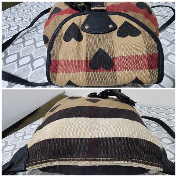 Authentic BURBERRY Leather Canvas Check Heart Print Backpack Bag Black/Beige - Picture 5 of 11